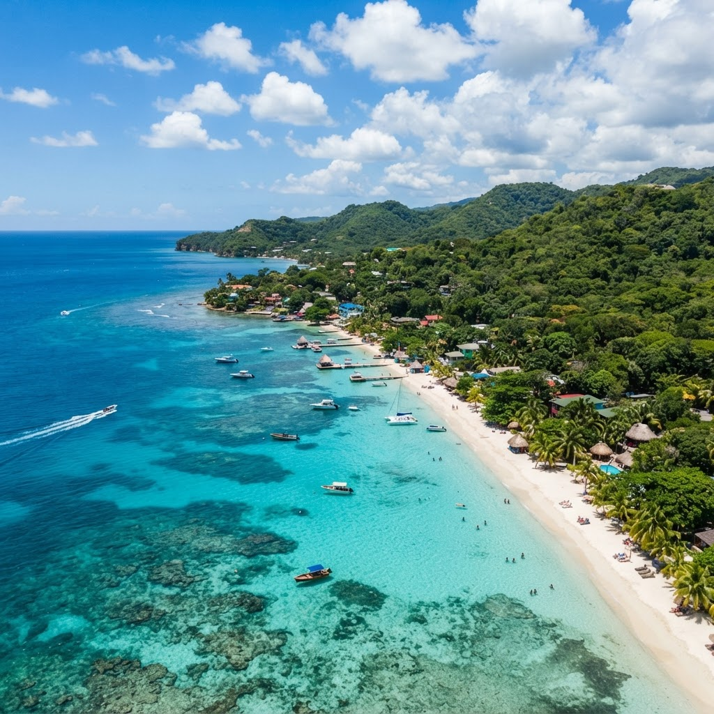 Aerial view of the turquoise coastline of Roatan, Honduras